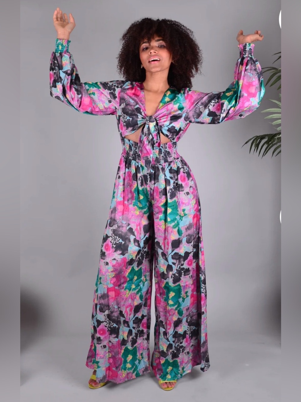 #678 MULLA Cindy Tie-Front Wide-Leg Jumpsuit size L
